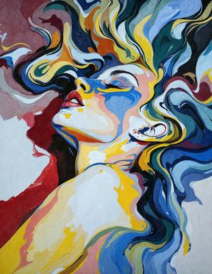 The primary subject of the image is a woman with long hair, who is lying down and looking up. The setting is a colorful, abstract background that adds a vibrant and artistic touch to the scene. The visual style is a combination of painting and digital art, creating a unique and eye-catching representation of the woman. The colors and mood of the image are predominantly blue and yellow, giving it a warm and inviting atmosphere.